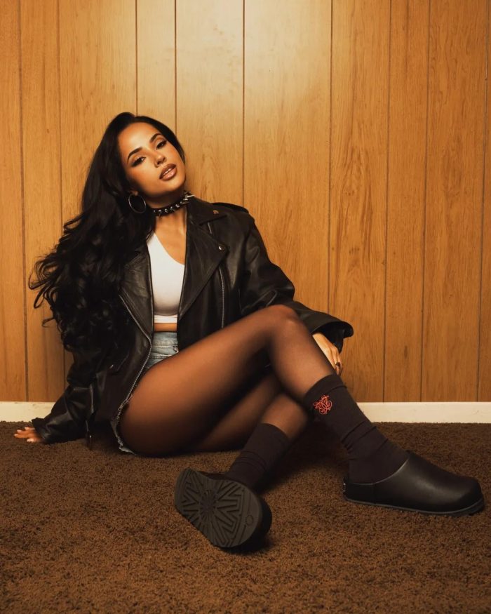 Becky G in sheer black pantyhose