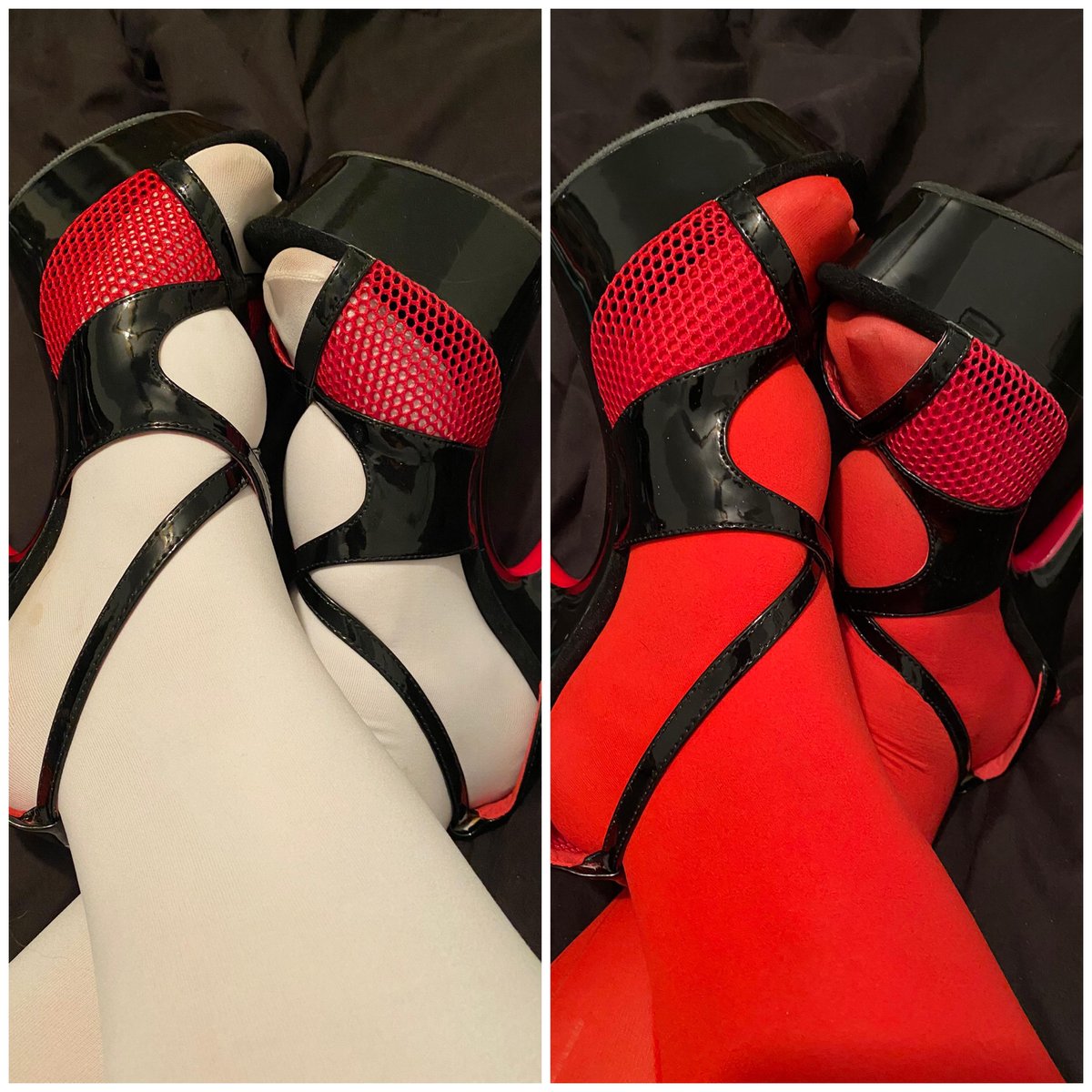 Two photos of feet in white and red opaque pantyhose in black patent and red mesh platform sandals